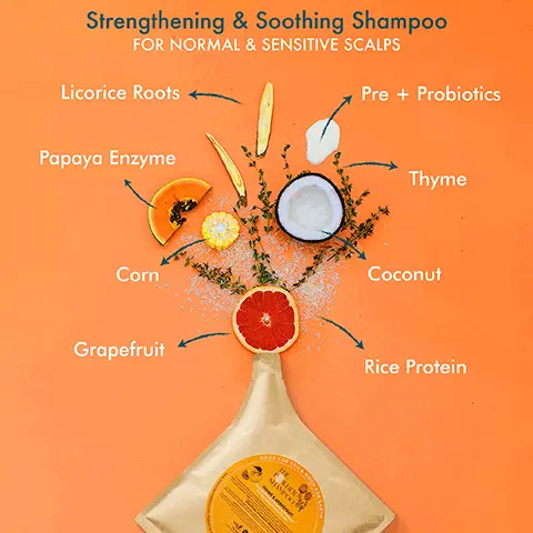 Image 1,Strengthening & Soothing Shampoo
FOR NORMAL & SENSITIVE SCALPS Licorice Roots Pre + Probiotics Papaya Enzyme Thyme Corn Coconut Grapefruit THE P WDER SHAMPOO Good for You & Good for Earth Rice Protein Image 2, typical shampoo - contains 80% to 90% water, uses lots of water to produce, heavy to transport and store, only 9% of plastic in the world is recycled, used once and thrown, 500 years to decompose, plastic becomes microplastics. vs the powder shampoo and the powder foam wash - contains 0% water, does not use water to produce, light and easy to transport, over 80% of aluminium in the world is recycled, reusable and refillable, easily recycled, does not become micro plastics. Image 3, the powder shampoo, how to use. 1 = wet your palm or hair thoroughly, 2 = pour a sufficient amount on your palm or hair, 3 = lather to activate the foam, 4 = rinse your hair as normal. Image 4, plant power - our products are formulated with 28 botanical extracts and 8 essential oils. plastic free - our packaging contains 0% plastic and all our bottles and refill pouches are 100% recycleable. planet first - we plant one tree for every product sold, our goal is to plant 1 million trees by 2030.