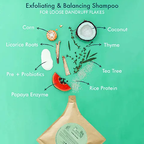 Image 1, Exfoliating & Balancing Shampoo Corn FOR
LOOSE DANDRUFF FLAKES Licorice Roots Pre + Probiotics Coconut Thyme Tea Tree Papaya Enzyme Rice Protein THE P WDER SHAMPOO Good for You & Good for Earth Image 2, typical shampoo - contains 80% to 90% water, uses lots of water to produce, heavy to transport and store, only 9% of plastic in the world is recycled, used once and thrown, 500 years to decompose, plastic becomes microplastics. vs the powder shampoo and the powder foam wash - contains 0% water, does not use water to produce, light and easy to transport, over 80% of aluminium in the world is recycled, reusable and refillable, easily recycled, does not become micro plastics. Image 3, the powder shampoo, how to use. 1 = wet your palm or hair thoroughly, 2 = pour a sufficient amount on your palm or hair, 3 = lather to activate the foam, 4 = rinse your hair as normal. Image 4, plant power - our products are formulated with 28 botanical extracts and 8 essential oils. plastic free - our packaging contains 0% plastic and all our bottles and refill pouches are 100% recycleable. planet first - we plant one tree for every product sold, our goal is to plant 1 million trees by 2030.