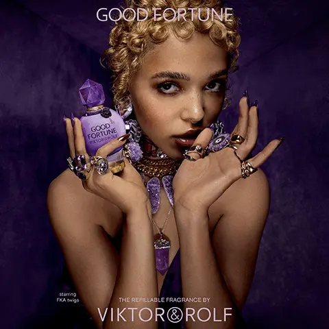 Image 1, good fortune, the refillable fragrance by viktor and rolf. Image 2, vegan fragrance, glass bottle and refillable bottle
