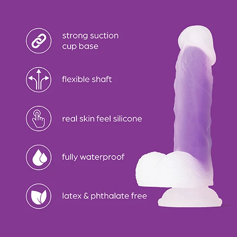 Image 1 - A purple silicone dildo with a strong suction cup base, featuring a flexible shaft and a realistic texture, accompanied by four bullet points stating strong suction cup base, flexible shaft, real skin feel silicone, fully waterproof, and latex & phthalate free.
Image 2 - A translucent purple sex toy with a strong suction cup base, accompanied by text that reads Strong suction cup base Allows you to close your eyes and enjoy a thrilling climax hands-free.
Image 3 - A hand holds a purple silicone sex toy against a purple background with text that reads Super soft Silicone Real skin feel with its ribbed shaft & swollen head makes it feel like the real deal.
Image 4 - A hand holds a translucent purple and white object designed for adult use, with text stating 7 inches of pleasure and 6 inches insertable length will fulfill cravings for deep penetration.
Image 5 - Image of a flexible, lifelike dildo in shades of purple and white, designed to stimulate internal spots, with the text Flexible Shaft Angle to stimulate your internal spots and satisfy your desire with this real lifelike dildo.