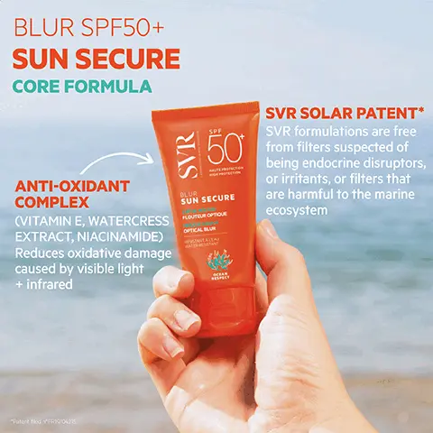 Blur SPF50+ sun secure core formula. Anti-oxidant complex, vitamin E, watercress extract, niacinamide, reduces oxidative damage caused by visible light + infrared. SVR solar patent, SVR formulations are free from filters suspected of being endocrine disruptors, or irritants, or filters that are harmful to the marine ecosystem. Velvet mousse texture, mattifying opitcal blur, real life filter effect, very water resistant, non-comedogenic, non-greasy. Ocean respect reef safe non-toxic to marine life, biodegradable. Blurring filter has to be experienced, it's like makeup but without makeup. +eco-responsible lightweight plastic tube contains recycled material fully recyclable. SPF 50+ very high protection against UVA + UVB + visible + infrared, sensitive skin safe for teens +. How to use, apply evenly to face before sun exposure. Velvety melt-in texture blurs, unifies + mattifies complexion whilst offering very high protection. Stay safe in the sun, re-apply frequently. SVR SPF50+ protection, find your ideal format. Blurring mousse, invisible water, fizzing spray, kids love it, compact spray, matt gel.