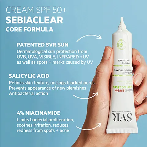 Cream SPF50+ sebiaclear core formula. Patented SVR sun, dermatological sun protection from UVB, UVA, visible, infrared + UV as well as spots + marks caused by UV. Salicylic acid refines skin texture, unclogs blocked pores, prevents appearance of new blemishes, antibacterial action. 4% niacinamide limits bacterial proliferation, soothes irritation, reduces redness from spots + acne. Hybrid formula, sun protection + skincare. SPF50+ very high sun protection. 37% less sebum after 8 hours. Reduces spots + blackheads. Reduces shine. 8 hour hydration. Texture, non-sticky, lightweight milk, ideal day cream + makeup base. Hypoallergenic non-comedogenic, dermatologically tested on sensitive acne-prone skin. Eco-responsible, 100% recyclable packaging, includes 50% recycled material, safe for marine life. How to use, apply evenly to the face before sun exposure. Repeat application frequently. Sebiaclear routine, skin with spots + or blackheads. Morning, wash-off gel cleanse + ampoule flash treat + SPF50+ cream protect. Evening, Micellar water cleanse + micro-peel, renew + active gel, treat + hydra moisturise as necessary.
