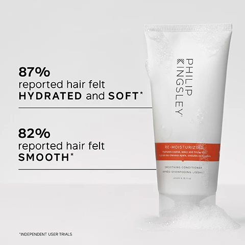 Image 1 - A tube of Philip Kingsley Re-Moisturizing Softening Conditioner is shown, with visible text stating 87% reported hair felt HYDRATED and SOFT and 82% reported hair felt SMOOTH, along with a note about independent user trials.
Image 2 - A person holding a white tube of Philip Kingsley Re-Moisturizing conditioner with visible text listing key benefits: intensely hydrates, tames and smoothes coarse, wavy and frizzy hair; reduces frizz and adds shine; optimizes moisture retention so strands stay nourished and glossy throughout the day.
Image 3 - A creamy white hair product is shown with a customer review that reads I have wavy, coarse, thick hair and this product has been a miracle. My hair is now softer and the frizz is tamed. As a bonus my waves seem more defined too. Customer review.
Image 4 - A white tube of Philip Kingsley Re-Moisturizing Conditioning Cream with a red band, displaying the product name and key ingredients including Hydrolyzed Oat Protein and Unique Blend of Waxes.
Image 5 - A side-by-side comparison of two different hairstyles; on the left, wavy and voluminous dark hair labeled Before, and on the right, smooth and straight dark hair labeled After.
Image 6 - A person is holding a tube of Philip Kingsley Re-Moisturizing Smoothing Conditioner with a trichologist tip on the side that reads: After shampooing, gently work into the mid-lengths and ends of the hair, avoiding the roots. Rinse well.