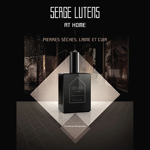 Image 2 - A black perfume bottle with a square design is placed on a light geometric background, surrounded by abstract textures, and the text reads SERGE LUTENS AT HOME PIERRES SÈCHES, LAINE ET CUIR La maison écossaire.
Image 3 - An elegant display featuring a lantern and a perfume bottle, with the text SERGE LUTENS AT HOME | PIERRES SÈCHES, LAINE ET CUIR | La maison écoissée prominently arranged in a stylish layout.