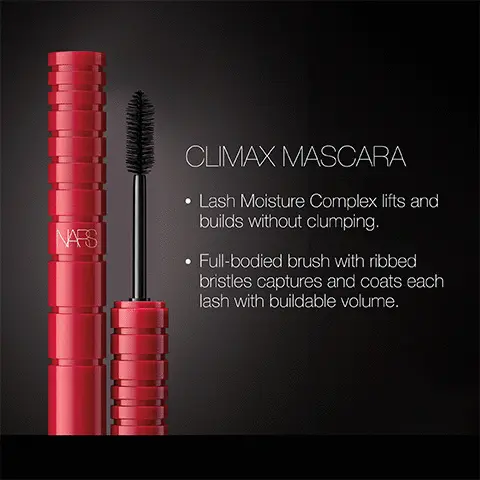 Image 1- Climax Mascara- Lash moisture complex lifts and builds without clumping. Full-bodied brush with ribbed bristles captures and coats each lash with buildable volume. Image 2- Before and after model eye shots.