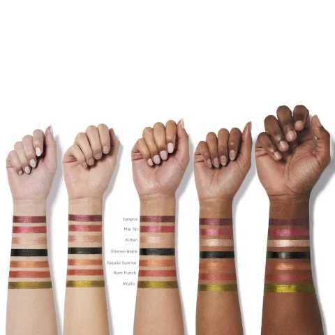 swatches on 5 different skin tones. Sangria mai tai, kitten, intense black, tequila sunrise, rum punch, mojito