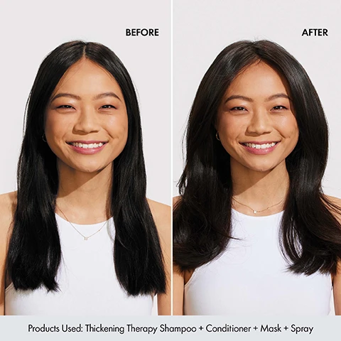 Image 1 - A smiling woman with dark hair is shown in a before and after comparison, her hair appearing thinner on the left labeled BEFORE and visibly thicker on the right labeled AFTER, with the text Products Used: Thickening Therapy Shampoo + Conditioner + Mask + Spray. Image 2 - A hand holds a white Bondi Boost Thickening Therapy Spray bottle as mist sprays from its nozzle, accompanied by the text Clinically Proven Volume That Lasts All Day** **Based on an invitro study with hair tresses using Lab View™ v2014 BONDI BOOST THICKENING THERAPY SPRAY VAPORISATEUR. Image 3 - A close-up of reddish feathery plant structures with white text overlay listing ingredients: Ingredients, Australian Amaranth Nourishes hair + helps to prevent fall out, Epsom Salt Boosts volume + nourishes scalp, Vegan Marine Collagen Smoothes & strengthens hair, Seaweed Extract Strengthens strands, Sodium Hyaluronate Deeply penetrates hair for hydration, Rosemary Oil Prevents breakage, boosts elasticity & maximises shine. Image 4 - A smiling woman with reddish-blonde hair and freckles has her eyes closed in happiness, with text that reads Instantly Increase Volume by 57%* Based on an in vitro study with hair tresses using image analysis using Lab View™ v2014. Image 5 - A collection of white Bondi Boost Thickening Therapy hair care products, including shampoo, conditioner, hair masque, and spray, are arranged on light-colored stone blocks with green aloe vera and reddish foliage, with visible text Formulated with Australian Native Extracts, Bondi Boost Thickening Therapy Shampoo Shampooing Salon Professionnel Professionnel De Salon e 500 mL / 16.9 fl. oz., Bondi Boost Thickening Therapy Conditioner Revitalisant Salon Professionnel Professionnel De Salon e 500 mL / 16.9 fl. oz., Bondi Boost Thickening Therapy Hair Masque Masque Capillaire e 300 mL / 10.1 fl. oz., and Bondi Boost Thickening Therapy Spray Vaporisateur e 125 mL / 4.2 fl. oz. Image 6 - The image displays The Bondi Promise with four icons and descriptions: an outline of Australia with a heart for Australian Born & Bred; two leaves for Locally Sourced Ingredients; a hairdryer and comb for Pro-Performance; and three wavy lines for Effortless.