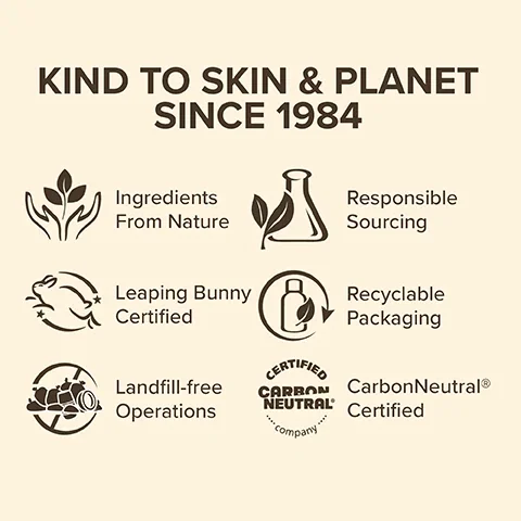 Kind to Skin and planet since 1984, ingredients from nature, responsible sourcing , leaping bunny certified, recyclable packaging, landfill free operations, carbon neutral certified.