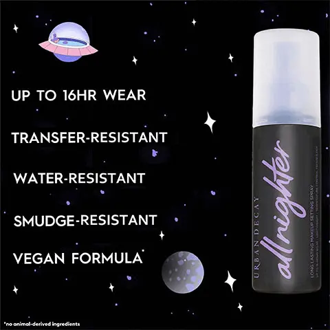 Image 1, the product displayed on a spacey black and starrey background. Text: up to 16hr wear, transfer resistant, water resistant, smudge resistant, vegan formula, no animal-derived ingredients. Image 2, a close up model shot. Text: real skin finish. Image 3, model holding up the product. Text: up to 16hr wear. Image 4, the product being held up to spray. Text: micro-fine mist.