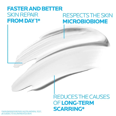 Image 1 - A smooth, white cream smear is shown with text that reads faster and better skin repair from day 1, respects the skin microbiobiome, and reduces the causes of long-term scarring.
Image 2 - A white tube labeled with product information on one side, featuring text that reads SPECIFICALLY FORMULATED FOR UNCOMFORTABLE, DAMAGED, OR IRRITATED SKIN and MINIMALIST & HYPOALLERGENIC FORMULA in bold, light blue font.
Image 3 - A tube of La Roche-Posay Cicaplast Balm is shown with instructions indicating to apply twice a day to clean dry skin and that it can be applied to the body, face, and lips.
Image 4 - A white tube of La Roche-Posay Cicaplast Baume B5+ on a light background, with text that reads APPLY TWICE DAILY TO CLEAN, DRY SKIN ON EITHER BODY, FACE OR LIPS. SUITABLE FOR THE WHOLE FAMILY, INCLUDING NEWBORNS.
Image 5 - Image shows three skincare products from La Roche-Posay: a dropper bottle labeled CICAPLAST B5 SERUM on the left, a tube labeled CICAPLAST BAUME B5+ in the center, and a bottle labeled ANTHELIOS UVMUNE 400 on the right, with the words SOOTHE, REPAIR, and PROTECT displayed underneath each product respectively.
Image 6 - Image shows illustrations of a dermatologist and a woman touching her face, accompanied by text stating Recommended by Dermatologists, Suitable for Sensitive Skin, Paraben-Free, and Fragrance-Free, with the logo La Roche Posay Laboratoire Dermatologique at the top.
Image 7 - A tube of La Roche-Posay Cicaplast B5+ Ultra-Repairing Balm, with text stating soothes uncomfortable, damaged & irritated skin and faster repair from day 1, and a blue circle icon indicating it is suitable for babies.
Image 8 - Image depicting two skincare ingredients: Vitamin B5 (Panthenol) with a description highlighting its role in repairing and protecting the skin barrier, and Madecassoside with its benefits from the herb Centella Asiatica, described as a soothing agent for skin renewal.
Image 9 - Image features a blue and white ribbon symbol with text stating that the product is also suitable for patients undergoing cancer treatment and helps moisturize and comfort sensitive skin.
Image 10 - A person in a white lab coat is shown against a blue background with text that states number one dermatologist recommended skincare brand in the UK, followed by asterisk and a note about a study of 74 consultant dermatologists January to May 2022.