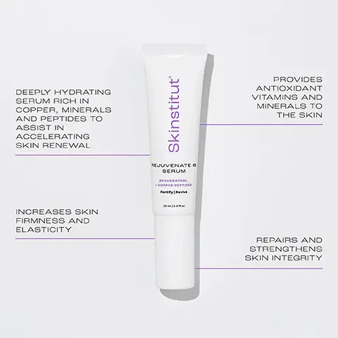 DEEPLY HYDRATING SERUM RICH IN COPPER, MINERALS AND PEPTIDES TO ASSIST IN ACCELERATING SKIN RENEWAL. FIRMNESS AND ELASTICITY. ANTIOXIDANT VITAMINS AND MINERALS TO THE SKIN. REPAIRS AND STRENGTHENS SKIN INTEGRITY. Resveratrol Stimulates anti-inflammatory activity and Collagen synthesis to minimise fine lines end wrinkles while firming the skin. Botanical Lanablue A gentle form of Vitamin A and en excellent Retinol alternative that delivers similar anti-ageing benefits without the associated sensitivity some skin types experience with Retinol. REJUVENATE SERUM. SKINTEL, a great retinol alternative for use during pregnancy.