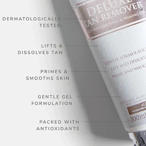 Dermatologically tested. Lifts & dissolves tan. Gentle gel formulation. Primes & smooths skin. Packed with antioxidants. Kate is using deluxe tan remover. Delicately & effectively remove any unwanted self-tan.