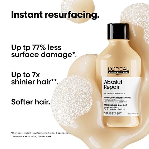 Image 1 - A bottle of LOréal Professionnel Absolut Repair shampoo is displayed on a light background with bubbles, accompanied by text that states Instant resurfacing, Up to 77% less surface damage*, Up to 7x shinier hair**, and Softer hair.
Image 2 - A tube of LOréal Professional Absolut Repair conditioner is shown with highlighted benefits including instant resurfacing, instant hydration, shinier and softer hair, and a lightweight touch.
Image 3 - Image shows three hair care products from LOreal Professionnels Absolut Repair line: a golden shampoo bottle labeled Absolut Repair Professional Shampoo, a conditioner tube labeled Absolut Repair, and a treatment oil bottle labeled Absolut Repair Oil, with accompanying text that reads The daily anti-damage professional routine and numbered steps 01 Cleanse. 02 Treat. 03 Restructure.
Image 4 - Before and after image showing a woman’s hair transformation from frizzy to smooth, with hair care products displayed to the right; visible text includes Before and After along with product labels, Absolut Repair Shampoo, Absolut Repair Conditioner, and Absolut Repair Oil.
Image 5 - A close-up image of a golden liquid droplet with a black background, featuring the text THE TECH Wheat protein Strengthens and restores and a small inset showing a hair cuticle with the text On the surface Resurfaces and seals the cuticles maintaining hydration.