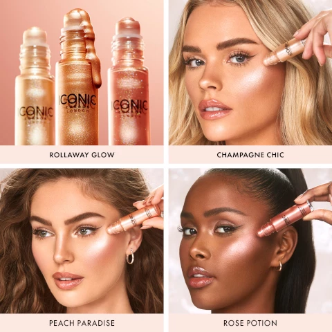 Image 1, rollaway glow swatches on three models, champagne chic, peach paradise, rose potion. Image 2, three shades swatched on three different skin tones