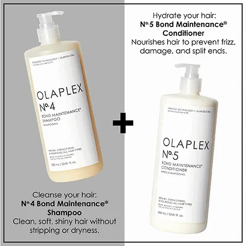 Image 1, cleanse your hair: No4 Bond Maintenance Shampoo, clean soft, shint hair without stripping or dryness plus, hydrate your hair with No5 Bond Maintenance Conditioner, nourishes hair to prevent frizz, damage and split ends. Image 2, The environment come first, together with out updated carbon negative footprint from 2015 to 2021. We eliminate 35mm pounds of GHG from being emitted to the environment. We save 44k gallons of water from being wasted. We protect 57mm trees from being deforested. Image 3, All Hair Types, PH Balanced, Vegan, Cruelty Free,, Gluten Free, Nut Free, Paraben Free, Phthalates Free, Phosphate Free, Sulfate Free. Image 4, Hair Cuticle Before, Hair Cuticle After.