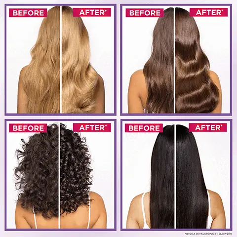 Image 1, Before and after model shots of har after use. Image 2, Elive Hydra Hyaluronic- hair feels hydrated for up to 72H. Image 3, Scientifically proven formula with hyaluronic acid. Image 4, The full routine for dehydrated hair: 1. Moisture boosting shampoo, 2. Moisture locking conditioner, 3. Moisture wrapping mask, 4. Moisture plump serum