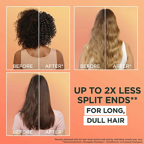 Image 1, before and after. up to 2 times less split ends for long, dull hair. results achieved with full hair food routine and styling. individual results may vary. instrumental test, pineapple shampoo and conditioner vs classic shampoo. image 2, glowing lengths pineapple hair food. multi use mask for damaged hair. up to 2 times less split ends. reformulates with vitamins c, e and f. 97% natural origin ingredients. instrumental test papaya shampoo and conditioner vs classic shampoo C and F derivates. image 3, no silicone for a natural feel. image 4, dull hair? add glow to your lengths with pineapple hair food. 1 = shampoo, cleanse without stripping. 2 = conditioner, detangle without weighing down. 3 = mask, deeply nourish. image 5, give your hair the nourishment it needs with hair food by garnier. image 6, hair food fact based hair care. nourishing formula facts. plant based cleansing active = cleanses without stripping. natural origin caring agent = adds intense glow to lengths. plant based oil = gives intense shine. image 7, cruelty free and vegan formula. no animal derived ingredients