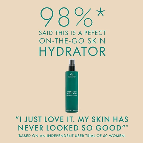 Image 1, 98% said this is a perfect on the go skin hydrator - i just love it my skin has never looked so good. based on an independent user trial of 60 women. Image 2, minimises the appearance of pores. hydrates skin on the go, use anytime, can apply over makeup, for all skint types. Image 3, replenishing, soothing, great for dry skin, use daily morning or evening, suitable for all skin types.