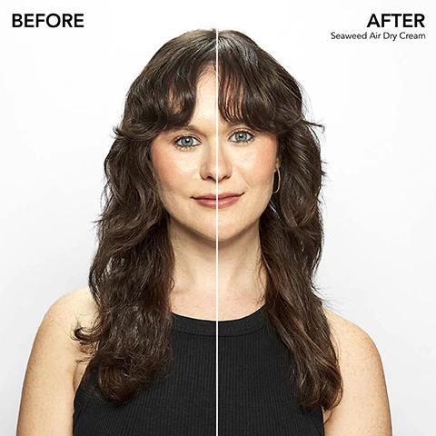 Image 1 - A woman with wavy hair is shown before and after using Seaweed Air Dry Cream, with the left side labeled BEFORE and the right side labeled AFTER.
Image 2 - A woman with long, dark hair is shown in a split image with the left side labeled BEFORE showing her straight hair and the right side labeled AFTER showing her hair styled in loose waves, with the text Seaweed Air Dry Cream visible on the right.
Image 3 - A green tube of Bumble and bumble Seaweed Air Dry Cream is displayed; the text on the tube reads that it is infused with royal sugar kelp, Pacific sea kelp, and green microalgae, while the surrounding text highlights 2X FRIZZ REDUCTION INSTANTLY + ALL DAY.
Image 4 - Image of a promotional graphic for a seaweed product collection, featuring the title MINDFULLY CRAFTED SEAWEED COLLECTION, with a list of ingredients including ROYAL SUGAR KELP, PACIFIC SEA KELP, and GREEN MICROALGAE, along with icons indicating 93%+ NATURALLY DERIVED INGREDIENTS, VEGAN, and 100% RECYCLED PACKAGING.
Image 5 - A light green tube of Bumble and bumble Bb. Seaweed Air Dry Cream with icons representing benefits including scalp care, de-frizzes, heat protective, holds, lightweight, softens, hydrates, detangles, and smoothes, alongside the product description.