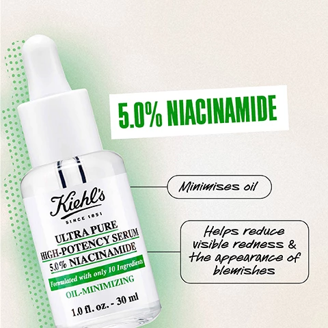 Image 1, 5% niacinamide, minimises oil, helps reduce visible redness and the appearance of blemishes. Image 2, visibly reduce blemishes. Image 3, apply 4-5 drops morning and night. Image 4, which ultra pure serum is for you? niacinamide = shine free skin please. hyaluronic acid = i need a moisture boost. glycolic acid = texture is my main concern. Image 4, oily skin routine - calendula cleanser, niacinamide serum, ultra facia oil free gel cream, daily UV defense. Image 5, ultra pure serums, targeted solutions, 10 ingredients or less, tested on all skin types including sensitive.