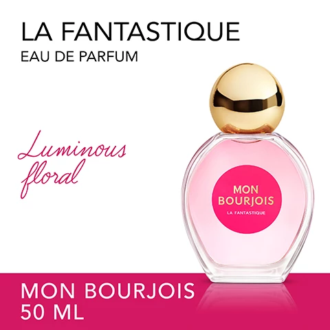Image 1, la fantastique eau de parfum, luminous floral. mon bourjois 50ml. Image 2, cblooming heart of exquisite jasmine and musk. Image 3, instant hit of happiness. Image 4, three addictive scents.