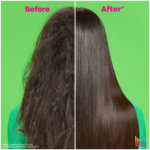 Image 1 - The image shows a side-by-side comparison of hair, with the left side labeled Before displaying frizzy hair and the right side labeled After* showing sleek, straight hair against a green background; visible text at the bottom states Using system of Food For Soft, shampoo, conditioner or masks, & all.
Image 2 - A side-by-side comparison of hair, with the left side showing frizzy, textured hair labeled Before and the right side displaying defined, curly hair labeled After* against a bright green background, with visible text at the bottom stating Using system of Food For Soft shampoo, conditioner or mask & oil.
Image 3 - A side-by-side comparison image showing a person with tousled blonde hair on the left labeled Before and the same person with smoother blonde hair on the right labeled After* against a bright green background, with a colorful logo in the bottom right corner.
Image 4 - A green bottle of Matrix hair care product is shown, featuring text indicating 7x More Moisture, and key points about being infused with avocado oil and hyaluronic acid, leaving hair feeling soft and hydrated.
Image 5 - A creamy white hair product is shown spreading over a bright green background with text stating 7x More Hydration*, 72 Hours Of Softness*, and For All Dry Hair.
Image 6 - Image shows three hair care products on a bright green background labeled Food For Soft Professional Hydrating System with sections for Cleanse, Hydrate, and Seal; products include a black bottle of Hydrating Shampoo, a green bottle of Detangling Hydrating Conditioner, and a green bottle of Multi-Use Hair Oil Serum.
Image 7 - Three hair care products from Matrix, including a shampoo, conditioner, and serum, are displayed among sliced avocados on a bright green background, with text stating Hyaluronic Acid Attracts Moisture and Avocado Oil Locks In Moisture.