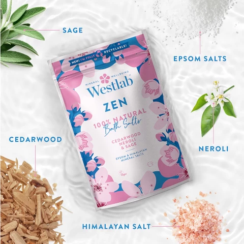 Image 1, sage, epsom salts, edarwood, neroli, himalayan salt. Image 2, 100% vegan and cruelty free.