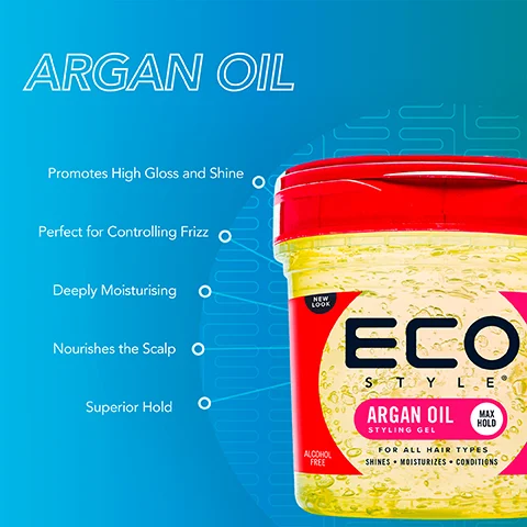 Image 1 - Image of a jar of Eco Style Argan Oil Styling Gel on a blue gradient background, with text listing its benefits: promotes high gloss and shine, perfect for controlling frizz, deeply moisturizing, nourishes the scalp, and superior hold.