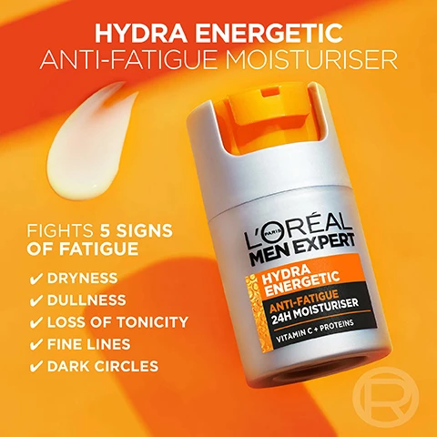 Image 3 - A bottle of LOréal Men Expert Hydra Energetic Anti-Fatigue Moisturiser is displayed against an orange background, with highlighted text that reads Hydra Energetic Anti-Fatigue Moisturiser and Fights 5 Signs of Fatigue: Dryness, Dullness, Loss of Tonicity, Fine Lines, Dark Circles.
Image 4 - An image split in half, with one side showing a vibrant orange liquid containing bubbles labeled as Vitamin C and the other side displaying a white, textured substance labeled as Proteins, with the text POWERED BY at the top.
Image 5 - A man is applying a cream to his face with a blurred orange background, and visible text includes EASY TO APPLY, NON-STICKY, NON-GREASY, and LIGHT FORMULA.