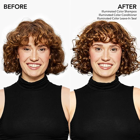 Image 1 - A smiling woman with curly hair is shown in a side-by-side comparison, with the left labeled BEFORE and the right labeled AFTER, displaying healthier-looking hair after treatment with Illuminated Color Shampoo, Illuminated Color Conditioner, and Illuminated Color Leave-In Seal.
Image 2 - Image shows two tubes of Bumble and bumble Illuminated Color Leave-In Seal labeled Light and Rich against a gradient blue background, with text stating 12 WEEKS OF COLOR FADE FIGHTING POWER.
Image 3 - Image depicting three boxes outlining how illuminated color technology works, with icons representing each feature; visible text includes ILLUMINATED COLOR HOW IT WORKS, PRO COLORSHEILD TECHNOLOGY, KUKUI SEED OIL, and BALANCES HAIRS pH, along with descriptions of each technology.
Image 4 - Image shows two tubes of Bumble and Bumbles Leave-In Seal products labeled Light and Rich, with surrounding icons indicating benefits like shine, hydration, and heat protection, along with the text describing each products features.
Image 5 - Image shows five hair care products lined up on a gradient background, labeled with the order of use: 01 SHAMPOO, 02 CONDITIONER, 03 1-MINUTE VIBRANCY TREATMENT, 04 LEAVE-IN SEAL LIGHT/RICH, and 05 Bb. PRIMER OR STYLER.