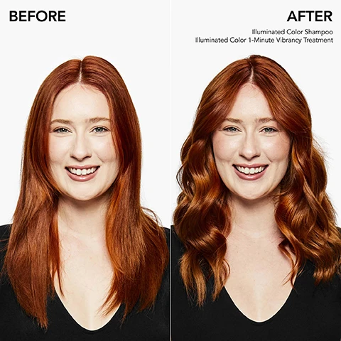 Image 1 - A woman with long red hair smiles in a split image showing her hair before and after using hair products; the left side has straight hair while the right side has wavy hair, with visible text reading BEFORE on the left and AFTER on the right, alongside Illuminated Color Shampoo and Illuminated Color 1-Minute Vibrancy Treatment on the right.
Image 2 - A bottle of Bumble and bumbles Illuminated Color 1-Minute Vibrancy Treatment is displayed against a colorful background, with text stating 36 WASHES OF COLOR PROTECTION and 3 DAYS LASTING SHINE.
Image 3 - Image shows a graphic titled Illuminated Color How It Works, featuring three sections with illustrations: the first describes Pro Colorshield Technology with a depiction of strands and sparkles, the second describes Kukui Seed Oil with an image of a nut and oil droplet, and the third highlights Balances Hairs pH with an illustration of a pH meter; visible text includes the section titles and explanations.
Image 4 - Image of a bottle of Bumble and Bumble Illuminated Color 1-Minute Vibrancy Treatment against a gradient background, with icons and text highlighting benefits such as adds shine, color fading, color vibrancy, softens, oil-infused, smoothes, and a note indicating it is vegan.
Image 5 - Image shows a collection of five hair care products arranged in order from left to right labeled with numbers: 01 SHAMPOO, 02 CONDITIONER, 03 1-MINUTE VIBRANCY TREATMENT, 04 LEAVE-IN SEAL LIGHT/RICH, and 05 Bb. PRIMER OR STYLER, with a colorful gradient background.