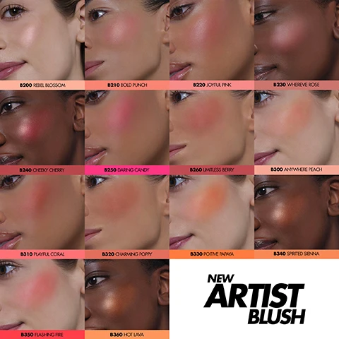 Image 1, swatches of B200 rebel blossom, B210 bold punch, B220 joyful pink, B230 whereve rose, B240 cheeky cherry. B250 darling candy. B260 limitless cherry. B300 anywhere peach. B310 playful coral. B320 charming poppy. B330 poitive papaya. B340 spirited sienna. B350 flashing fire. B360 hot lava. image 2, what brush do you need? sculpt 158, color 152, highlight 144.