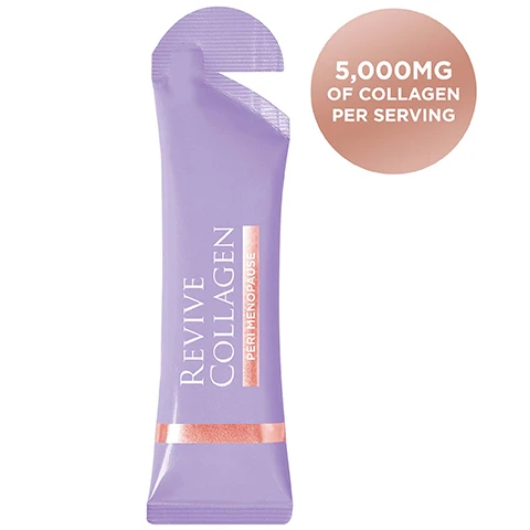 Image 1 - A purple sachet of Revive Collagen Perimenopause supplement with a rose gold stripe at the bottom, and a separate rose gold circle states 5,000MG OF COLLAGEN PER SERVING. Image 2 - A purple sachet of Revive Collagen Peri Menopause rests on a purple surface with an orange liquid spill and a small droplet, beside a list of product benefits which reads REVIVE COLLAGEN PERI MENOPAUSE, Revive Collagen Menopause Range - A world first!, Packed with 5,000mg of Type 1 Marine Collagen, Inositol - Helps to regulate insulin & lower blood pressure, Retinol - Boosts collagen production & skin renewal for a radiant complexion, Selenium - Preserves tissue elasticity & youth appearance of the skin. Helps reduce hot flushes!, Zinc - Helps relieve vaginal dryness, Folic Acid - Helps to reduce hot flushes!, 50% Vitamin B6 & B12 - Helps reduce tiredness & fatigue, 50% Vitamin C & D - Powerful antioxidant that helps aid in collagen production & works to brighten the skin, Great-tasting Passion Fruit flavour! Image 3 - A split image shows a womans face in a before and after comparison; the left side shows her with dark bangs and a flushed complexion, while the right side shows her with hair pulled back and a smoother, less red complexion, with the text BEFORE and AFTER at the bottom. Image 4 - The image compares a single purple Revive Collagen sachet with text Revive Collagen Original to a pile of white collagen tablets, stating that x1 Revive Collagen Sachet offers 90% to 95% Absorption Rate, which equals x20 Collagen Tablet offering 30% to 40% Absorption Rate. Image 5 - An infographic titled How Collagen Impacts Our Skin During Menopause displays a bar and line graph showing Collagen Levels in the Body (%) decreasing with Age from 30 to 60, accompanied by the statement We lose an extra 30% of our collagen during the first five years of menopause, below which are three diagrams titled Our Skin As We Age illustrating the progression of skin aging at 35 Years, 45 Years, and 55 Years, with skin layers labeled Epidermis, Dermis, and Subcutaneous Fat, showing increasing Wrinkles and decreasing amounts of Hyaluronic Acid, Collagen, and Elastin.