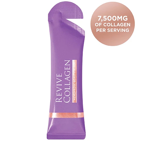 Image 1 - A purple Revive Collagen Menopause Beauty Sleep stick pack with a tear opening at the top and a bronze band at the bottom, along with a bronze circle in the top right corner stating 7,500MG OF COLLAGEN PER SERVING. Image 2 - A purple sachet of Revive Collagen Menopause Beauty Sleep lies diagonally on a purple background with orange liquid spilled below it and a small orange bead nearby, alongside a list of product benefits that reads: Revive Collagen Menopause Beauty Sleep Revive Collagen Menopause Range - A world first! Packed with 7,500mg of Type 1 Marine Collagen Sleep DailyZz™ - Clinically proven to help improve sleep quality. Biotin - Helps to stimulate keratin production & promotes healthy hair. Chicory Root - Source of inulin (prebiotic). High in fibre which is great for gut health. Retinol - Boosts collagen production & skin renewal for a radiant complexion. Selenium - Preserves tissue elasticity & youth appearance of the skin. Helps reduce hot flushes! Zinc - Helps relieve vaginal dryness. Folic Acid - Helps to reduce hot flushes! 50% Vitamin B6 & B12 - Helps reduce tiredness & fatigue. 50% Vitamin C & D - Powerful antioxidant that helps aid in collagen production & works to brighten the skin. Great-tasting Apple & Blaccurrant flavour! Image 3 - A graphic compares a single purple sachet labeled Revive Collagen Skin, Hair & Nails, representing x1 Revive Collagen Sachet with 90% to 95% Absorption Rate, to many falling white pills, representing x20 Collagen Tablets with 30% to 40% Absorption Rate. Image 4 - An infographic shows two main sections: a bar chart illustrating COLLAGEN LEVELS IN THE BODY (%) decreasing from approximately 80% at AGE 30 to 20% at 60, with text stating We lose an extra 30% of our collagen during the first five years of menopause, and a bottom section titled OUR SKIN AS WE AGE featuring three diagrams of skin at 35 YEARS, 45 YEARS, and 55 YEARS, showing a decline in HYALURONIC ACID, COLLAGEN, and ELASTIN within the EPIDERMIS, DERMIS, and SUBCUTANEOUS FAT layers, along with the appearance and deepening of WRINKLES. Image 5 - A purple sachet for Revive Collagen Menopause Beauty Sleep lies next to spilled golden liquid, with a gold award badge in the top right that reads The Beauty Awards London 2023 Gold Winner.