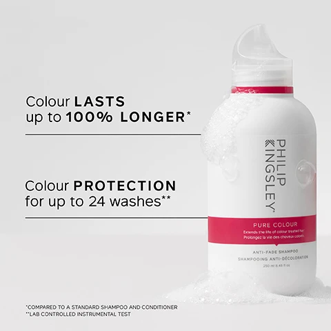 Image 1 - A white shampoo bottle with a pink label that reads PHILIP KINGSLEY PURE COLOUR ANTI-FADE SHAMPOO is displayed with bubbles, accompanied by the text Colour LASTS up to 100% LONGER* and Colour PROTECTION for up to 24 washes** below the bottle.
Image 2 - A hand holds a bottle of Philip Kingsley Pure Colour shampoo, which is labeled with key benefits including improves vibrancy and shine, locks in and preserves colour for longer, sulphate-free, anti-fade formula, and adds body, bounce and shine.
Image 3 - Image showing a circular blob of a clear liquid with bubbles, accompanied by text that reads EXCELLENT PRODUCT for keeping your hair healthy, COLOUR LOOKS GREAT and STAYS FRESHER for longer. CUSTOMER REVIEW.
Image 4 - A white bottle labeled Philip Kingsley Pure Colour anti-fade shampoo features a pink band, with text highlighting key ingredients: Denoxylene, which protects hair color, and Hydrolyzed Vegetable Protein, which strengthens hairs resistance against combing.
Image 5 - Image showing a close-up of a person washing their hair, with hands applying shampoo to wet, lathered hair, and the visible text reads TRICHOLOGIST TIP Wet hair and lather well with a gentle kneading of the scalp for 60 seconds.