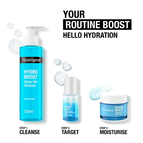 Image 1 - Image shows a collection of Neutrogena skincare products on a light blue background, including a jar labeled Hydro Boost Water Gel, a small bottle labeled Hydro Boost, and a pump bottle labeled Hydro Boost Water Gel Cleanser with visible text indicating 200ml and Hyaluronic Acid, along with the phrase YOUR ULTIMATE HYDRATING ROUTINE.
Image 2 - Image shows three skincare products from Neutrogena: a blue bottle of Hydro Boost Water Gel Cleanser with the text 200ml, a small blue dropper bottle labeled TARGET, and a white jar labeled MOISTURISE, with the overall text saying YOUR ROUTINE BOOST and HELLO HYDRATION.
Image 3 - A blue bottle of Neutrogena Hydro Boost water gel cleanser is shown with a pump top, featuring text that reads DEVELOPED WITH DERMATOLOGISTS, BOOSTS HYDRATION, RESPECTS THE SKIN BARRIER, GENTLY CLEANSING TO REMOVE MAKEUP AND DIRT, and SUITABLE FOR ALL SKIN TYPES, INCLUDING SENSITIVE SKIN.
Image 4 - A bottle of Neutrogena Hydro Boost serum is shown against a blue background, featuring text highlighting its attributes: developed with dermatologists, glycerin that penetrates 9 skin layers deep, lightweight formula, non-greasy, and suitable for all skin types, including sensitive skin.
Image 5 - A jar of Hydro Boost water gel is shown next to a blue background featuring text that states Developed with dermatologists, delivers 6x more hydration instantly, respects the skin barrier, gently cleanses to remove make up and dirt, and suitable for all skin types, including sensitive skin.