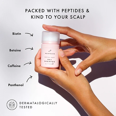 Image 1 - A hand holds a pink bottle of Hair Gain Peptide Puff Dry Shampoo, surrounded by text PACKED WITH PEPTIDES & KIND TO YOUR SCALP, with arrows pointing to Biotin, Betaine, Caffeine, and Panthenol, and text DERMATALOGICALLY TESTED. Image 2 - A hand holds an open pink container labeled Hair Gain Peptide Powder Dry Shampoo 7g / 0.24 oz, next to icons representing Absorbs oil, Volumising, and Non-aerosol. Image 3 - A woman applies dry shampoo to her hair with visible text including 97% SAID THEIR HAIR WAS LESS GREASY AFTER USE, Results obtained by user self-evaluation study between 24/1/24 and 6/2/24 with 63 participants aged 18-64 years using the product as directed, and Hair By Sam McKnight Dry Shampoo on the bottle. Image 4 - A before and after comparison of a womans hair shown in two framed photos, labeled BEFORE and AFTER. Image 5 - Image shows two pink bottles of Hair Gain Peptide Puff Dry Shampoo displayed alongside a customer testimonial with a 5-star rating which reads Since using this product I have found my holy grail Not only is it far superior to others I have tried it is healthy for my scalp Love love love and would highly recommend it Emily Hair Gain customer with text on the bottles saying HAIR GAIN PEPTIDE PUFF DRY SHAMPOO 5g 018 oz e.