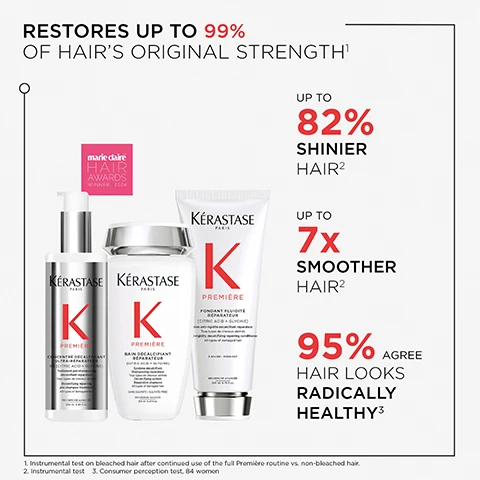 Image 1 - Image of Kérastase hair care products, including a serum, a shampoo, and a conditioner, with text stating restores up to 99% of hairs original strength, up to 82% shinier hair, up to 7x smoother hair, and 95% agree hair looks radically healthy, along with a Marie Claire Hair Awards winner badge for 2024.
Image 2 - Image shows a three-step guide for the Kérastase Première professional layering technique, with illustrations of hands applying hair care products; visible text includes STEP 1 ACTIVATE REPAIR, STEP 2 CLEANSE & REPAIR, and STEP 3 CONDITION & REPAIR, along with instructions for each step.
Image 3 - Image shows two test tubes on a light background; the left tube contains a pink bubbly liquid labeled 5% GLYCINE with text stating REBUILD BROKEN BONDS BETWEEN KERATIN CHAINS TO REDUCE BREAKAGE, while the right tube contains a clear liquid with swirling gray elements labeled 3% PURE CITRIC ACID with text stating ACTS ON INNER & OUTER HAIR LAYER TO NEUTRALISE DULLNESS AND STIFFNESS.
Image 4 - A collage of four images showing hair transformations, with two before and two after photos of individuals with different hair types, and accompanying text emphasizing the products suitability for all hair types and damage, including phrases like FOR ALL DAMAGE and TO HELP.
Image 5 - A white jelly-like texture is shown in the image above with visible text that reads Premiere Anti-Rigidity Decalcifying Repairing Conditioner.
Image 6 - A smiling man with curly hair, wearing a suit jacket over a white shirt, is featured alongside the text that reads HOVIG ETOYAN Global Professional Ambassador Damaged hair is the n°1 concern in our salon. It is great to now have a complete exclusive protocol to offer the best repair to our clients. PREMIÈRE.
Image 7 - A man with a beard and short hair, wearing a white lab coat over a black shirt, is featured beside text that discusses hair damage, stating that excessive calcium in rinsed water weakens hair and describing how Premiere helps repair hair with citric acid and glycine.