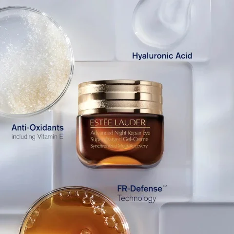 hyaluronic acid, antioxidants including vitamin e, FR-defense technology