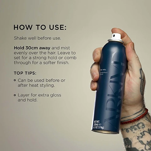 Image 3 - A tattooed hand wearing a red bracelet holds a dark blue spray can labeled ARKIVE, THE VEIL, HAIRSPRAY, LAQUE, BY ADAM REED, and NET WT. 250mL e 6.1 OZ (174g), while instructions on the left detail HOW TO USE: Shake well before use. Hold 30cm away and mist evenly over the hair. Leave to set for a strong hold or comb through for a softer finish. TOP TIPS: Can be used before or after heat styling. Layer for extra gloss and hold. Image 4 - A hand holds a dark blue hairspray can labeled THE VEIL HAIRSPRAY LAQUE, NET WT. 250mL e 6.1 OZ (174, with a red hairspray can partially visible behind it against a shimmering background, and overlay text stating Baobab Oil for moisture & shine and High-Hold Technology helps hold style in place - even in humidity or heat. Image 6 - Two red tomatoes, honeysuckle flowers with green leaves, a textured stalk, and redcurrants are arranged on a light background, with text that reads SMELLS LIKE: NO ONE ELSIE, A fresh and elevated fragrance inspired by Adams grandmothers English greenhouse., HEAD NOTES RHUBARB TOMATO LEAF, HEART NOTES HONEYSUCKLE REDCURRANT, GROUND NOTES VETIVER INCENSE. Image 7 - A smiling person with curly hair holds a dark blue spray can while text above reads MADE WITHOUT: ALUMINIUM AMMONIA LACTOSE LATEX MINERAL OIL PARABENS SILICONE SULPHATE GLUTEN TALC, text on the can reads NET WT. 250ml 6.1 OZ (174g), and icons on the right represent Vegan, Certified B Corporation, Made with Recycled Content, Cruelty Free International, and Award Winning.