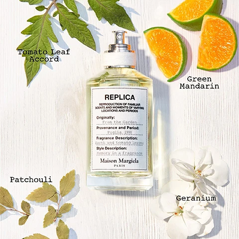 Image 1, tomato leaf accord, green mandarin, patchouli, geranium. image 2, from the garden. the scents your memories are made of.