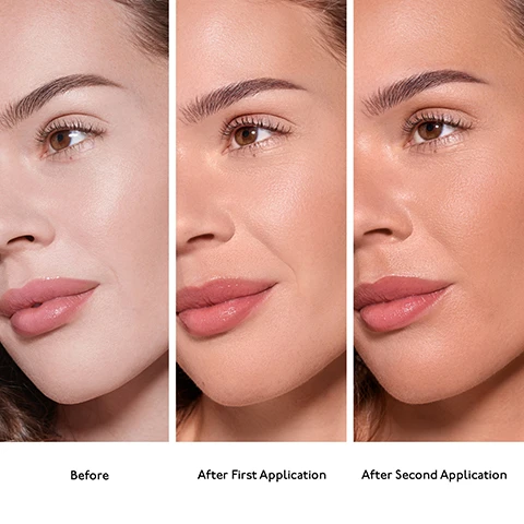 Image 1 - Three side-by-side images of a womans face demonstrating a progressive tanning effect, with the first showing her natural complexion, the second a light tan, and the third a deeper tan, labeled Before, After First Application, and After Second Application. Image 2 - A beauty product spray bottle and a solid product are nestled among vibrant red cherries with text overlays that read Key Ingredients, PROTECTS & SMOOTHS Black Tea Complex, REVITALIZES & BRIGHTENS Bio-Active Cherry Essence, REFRESHES & REJUVENATES Red Tea Complex, By Terry Tea to Tan Face & Body Brume de Soin Hydra-Bronzante Visage & Corps Sans Transfert Hale Mat Hydra-Bronze Skincare Mist Transfer-Proof Matte Finish, and badges stating Vegan Formula, Naturally Derived 97% Ingredients, and Clean Formula. Image 3 - A dark reddish-brown spray bottle for By Terry Tea to Tan Face & Body is centered on a white background, surrounded by descriptive text including Instant Colour for Face & Body, Long-Lasting & Transfer-Proof, 24-Hour Hydration, Quick-Drying Formula, Water-Based & Lightweight, Zero Tanning Agents, Streak-Free Application, Brume de Soin Hydra-Bronzante Visage & Corps Sans Transfert Hale Mat, Hydra-Bronze Skincare Mist Face & Body Transfer-Proof Matte Finish.