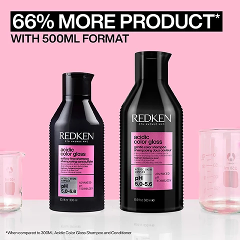 Image 1, 66% more product with 500ml format. when compared to 300ml acidic colour gloss shampoo and conditioner. image 2, acidic ph formula seals the cuticle. locking in colour vibrancy and shine for up to 16 washes. when using shampoo and conditioner. image 3, before and after. boost colour vibrancy for up to 16 washes. using acidic colour gloss shampoo and conditioner. image 3, before and after. one us of acidic color gloss system. image 4, how to use acidic colour gloss. 1 = shampoo and rinse. 2 = apply treatment to towel dried hair from mid-lengths to ends. leave on for 5 minutes. rinse. recommended to wear suitable disposable gloves. 3 = apply conditioner from mid lengths to ends to lock in moisture. rinse. 4 = spray leave in liberally to damp hair, then style. image 5, 1 = cleanse. 2 = gloss. 3 = condition. 4 = leave in and protect. image 6, glass like shine for up to 3 days. before and after. look created using redkens SEQ (redken salon only service) and acidic color gloss. consumer test using acidic colour gloss system. image 7, customer review = life changing. i dye my hair regularly due to colour fading so fast using other shampoos. however, this has maintained my colour and if anything made it look more vibrant and glossy than before. recieved the product to try from marie claire beauty drawer feb 2024.