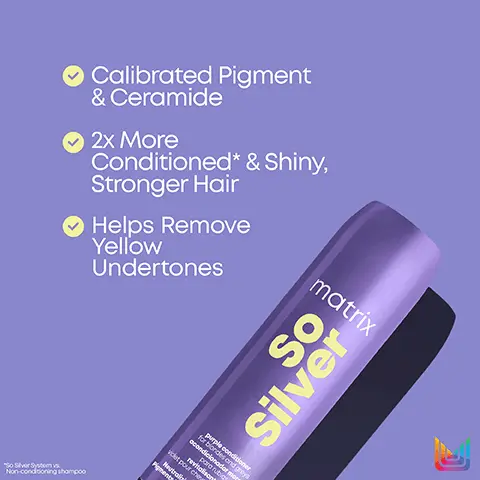 Calibrated Pigment & Ceramide. 2x More Conditioned* & Shiny, Stronger Hair. Helps Remove Yellow Undertones. Before and After, using a system of So Silver shampoo and neutralising mask. Light toning, step 1, your favourite matrix shampoo. Step 2, Pigmented conditioner. Moderate toning, Step 1, shampoo. Step 2, Pigmented conditioner. Purple pigments neutralize yellow.