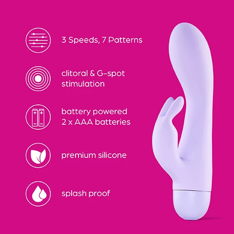 Image 1 - A purple vibrator is shown against a pink background, with icons and text highlighting its features: 3 Speeds, 7 Patterns, clitoral & G-spot stimulation, battery powered (2 x AAA batteries), premium silicone, and splash proof.
Image 2 - Image of a purple vibrator designed for dual pleasure with curved features, against a pink background, displaying text that reads Dual pleasure Enjoy 10 pleasure functions for clitoral & G-spot stimulation.
Image 3 - A person holding a petite purple rabbit vibrator against a bright pink background, with visible text stating Great for beginners The petite rabbit vibrator is small but mighty & is the perfect size for beginners.
Image 4 - A flexible internal stimulator designed for G-spot and clitoral satisfaction against a bright pink background, with the text Incredibly flexible Angle and flex the internal stimulator for G-spot & clitoral satisfaction.