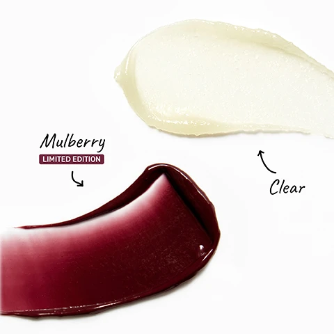 image 1, swatches of mulberry limited edition and clear. image 2, 4 different skin tones wearing mulberry tint. image 3, clinically proven to plump lips by up to 40% in 4 weeks. fuller looking lips, no tingle or irritation. buildable, universally flattering tints. image 4, before and after