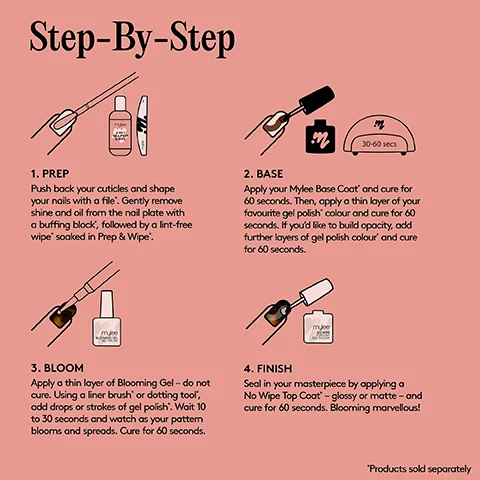 Step-By-Step 1. PREP Push back your cuticles and shape your nails with a file". Gently remove shine and oil from the nail plate with a buffing block, followed by a lint-free wipe" soaked in Prep & Wipe". 2. BASE m 30-60 secs Apply your Mylee Base Coat' and cure for 60 seconds. Then, apply a thin layer of your favourite gel polish colour and cure for 60 seconds. If you'd like to build opacity, add further layers of gel polish colour' and cure for 60 seconds. 3. BLOOM Apply a thin layer of Blooming Gel - do not cure. Using a liner brush' or dotting tool", odd drops or strokes of gel polish. Wait 10 to 30 seconds and watch as your pattern blooms and spreads. Cure for 60 seconds. 4. FINISH Seal in your masterpiece by applying a No Wipe Top Coat-glossy or matte - and cure for 60 seconds. Blooming marvellous! *Products sold separately