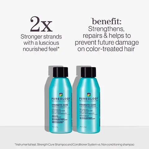 Image 1, 2 times stronger strands with a luscious nourished feel. benefit = strengthens, repairs and helps to prevent future damage on colour treated hair. instrumental test, strength cure shampoo and conditioner system vs non conditioning shampoo. image 2, benefit = detangles, moisturises, heat protects, smooths frizz and adds shine. image 3, arginine, ceramide, keravis. image 4, olive oil, camelina seed oil, xylose, coconut oil. image 5, pro favourite, neil moodie pureology UKI ambassador said = it's a fortifying shampoo and conditioner that transforms the look and feel of your hair after one use. these antioxidant, rich formulas mend breakage to result in softer, healthier hair. image 6, pro favourite, neil moodie pureology UKI ambassador said = i use this on every client as it detangles and primes the hair for styling, plus it protects from heat. the end results leaves the hair soft and looking shiny. Image 7, vegan formulas* sulfate-free for a gentle cleanse recycled bottles made from post-consumer recycled materials** up to 80+ washes in one bottle***. All formulas are highly concentrated meaning less water needed "Every formula is made without animal products or by-products Pureology never tests on animals "Our shampoo and conditioner bottles, excluding cap are created with 95% post consumer recycled Up to 80+ washes 200up to 300+ washes na 1000 Image 8, strength cure A SUMMER AFTERNOON WITH NOTES OF peach sweet raspberry water flowers water Apwers respberries Image 9, edarwood color fanatic BENEATH BLOSSOMING TREES WITH NOTES OF cedarwood rose ginger ginger