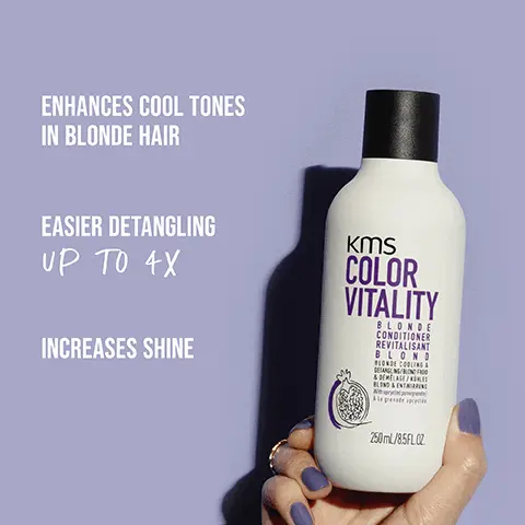 ENHANCES COOL TONES IN BLONDE HAIR. EASIER DETANGLING UP TO 4X. INCREASES SHINE. HIGHLY EFFECTIVE OUR FORMULAS WITH UPCYCLED POMEGRANATE, KNOWN TO BE RICH IN ANTIOXIDANTS, HELP TO FIGHT FREE RADICALS RESPONSIBLE FOR COLOR FADING. PETA APPROVED COMMITTED TO CRUELTY-FREE BEAUTY. VEGAN FORMULA NO ANIMAL-DERIVED INGREDIENTS. UPCYCLED NATURAL INGREDIENT. BEFORE. NOW. NEW IMPROVED FORMULA. UPCYCLED POMEGRANATE. UPCYCLED NATURAL INGREDIENT. POMEGRANATE. BEFORE. AFTER. ENDLESS POSSIBILITIES FOR YOUR HAIR. WEAR YOUR HAIR THE WAY YOU WANT.