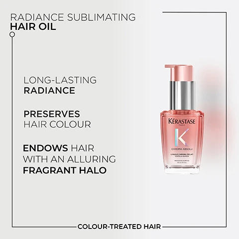 Image 1 - The image displays a Kérastase Chroma Absolu LHuile Chroma Éclat hair oil bottle, pink and silver, alongside descriptive text: Radiance Sublimating Hair Oil, Long-Lasting Radiance, Preserves Hair Colour, Endows Hair With An Alluring Fragrant Halo, Colour-Treated Hair, Kérastase Paris, K, Chroma Absolu, LHuile Chroma Éclat, Boosts Radiance, Reduces Frizz, Heat Protection, 100 ML 3.4 FL.OZ. Image 2 - A light pink Kérastase Chroma Absolu LHuile Chroma Éclat hair oil bottle with a pump dispenser is displayed next to instructions that read: HOW TO USE APPLY 1 OR 2 DROPS ON WET OR DRY HAIR, AS A LEAVE-IN TREATMENT. START FROM MID-LENGTH AND WORK TO ENDS. STYLE AS DESIRED. CAN BE USED AS A POST-BLOW DRY OIL AND FOR FINISHING &TOUCH-UPS DURING THE DAY. The bottle also shows text including Kérastase Paris K CHROMA ABSOLU LHUILE CHROMA ÉCLAT THERMAL PROTECTOR 230°C HUILE DE SOIN / HAIR OIL 100 ML - 3.4 FL.OZ.